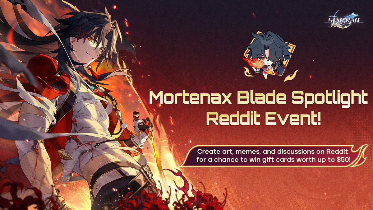 honkaistarrail's tweet photo. [Rewarded Event] Mortenax Blade Spotlight - Reddit Event!

Its time to shine a spotlight on Mortenax Blade, ✧ 1st Place in "Zero Worldly Desires" ✧! Create original art, memes or discussions focused on Mortenax Blade and post them on our subreddit for a chance to win gift cards worth up to $50!

Join Now: https://t.co/765QtP6Fnw

#HonkaiStarRail #StarRail