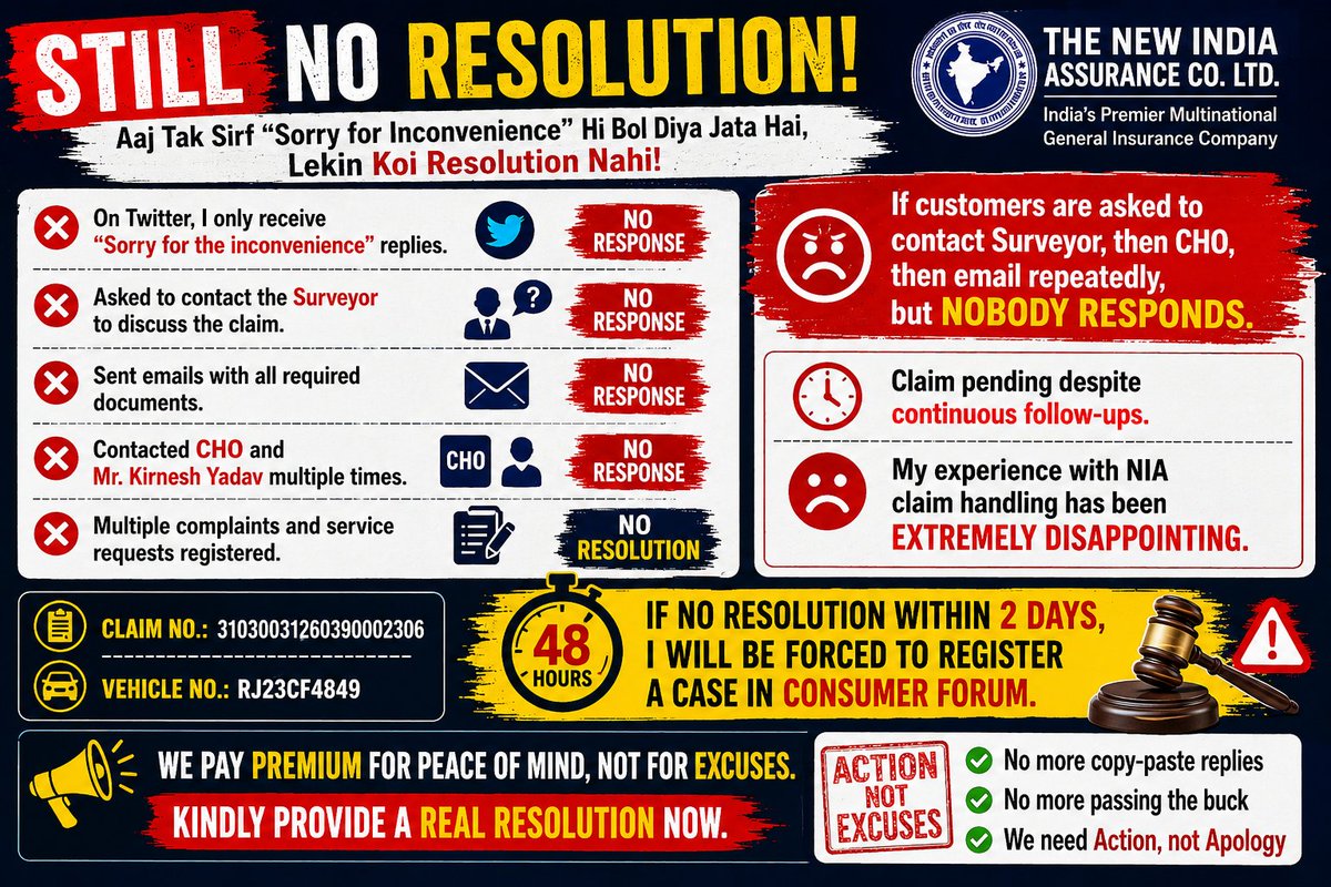 BhoopeshRaaz's tweet photo. I'm facing the claim issue from 23 Apr 2026,but still no resolution is given till now. Don't go with NIA, Otherwise you will regret during claims @NewIndAssurance
@ACKOIndia @ICICILombard @irdaindia @jagograhakjago @aajtak @TheLallantop @zeerajasthan_ @CJP_2029 @CJP_for_India https://t.co/LAYdtX1BGp