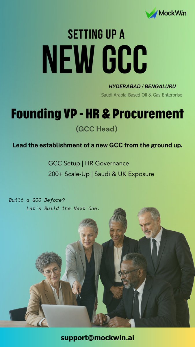 mockwinAI's tweet photo. 🚀 GCC Hiring | Founding VP - HR &amp; Procurement (GCC Head)
Most leaders join a GCC.
A rare few get to build one.

Saudi Arabia-based Oil &amp; Gas enterprise setting up a new GCC in Hyderabad/Bengaluru.

Built a GCC before? Let's build the next one.

📩 support@mockwin.ai
#GCCHiring https://t.co/TuPkBtn9fQ
