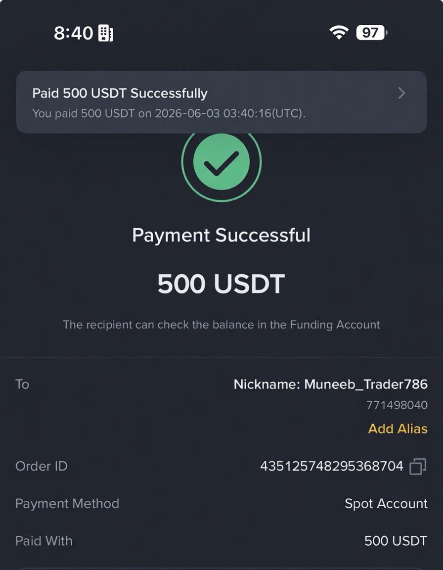 Crypto__Haris's tweet photo. Sent 500 USDT to UID 771498040 and 583237532 🎉

I will send $500 more to two lucky people tonight.

Who’s next? 🤑🤑 Drop your Binance UID 👇 https://t.co/sed6l4nMJG