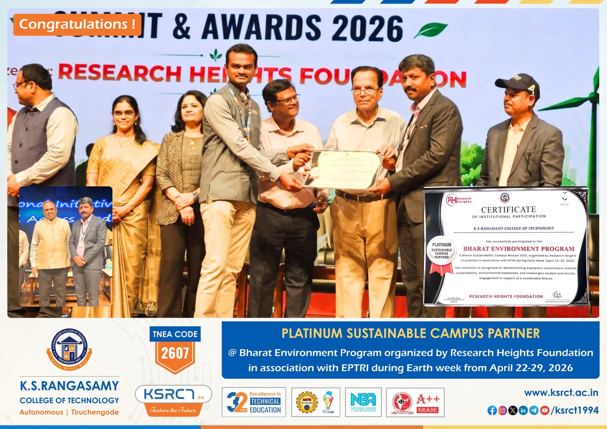 ksrct1994's tweet photo. Certified as a Platinum Sustainable Campus Partner in the Bharat Environment Program, organized by Research Heights Foundation in association with EPTRI during Earth Week, held from April 22–29, 2026.
#ksrct1994 #ksr #ksrei #BharatEnvironmentProgram #EarthWeek2026 https://t.co/Blop3iVftW