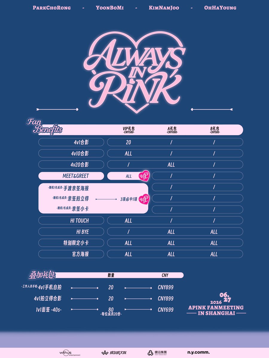 well_weather's tweet photo. <ALWAYS IN PINK：2026 APINK FANMEETING IN SHANGHAI>
🎉6月3日19:00点（今晚）
携程二次开售即将开启！

Apink上海见面会，VIP福利正式升级！
每一位VIP都可以走进【Meet & Greet】的专属时光，和姐姐们多待一会儿，并亲自揭晓特意为你们准备的惊喜环节🎁

除此之外，还有带着手心温度的亲笔签名！
合影、击掌……这些瞬间，会成为很久以后仍然发光的回忆！

VIP全员
✨ 享受 Meet & Greet
✨ 全员亲笔签名
✨ 专属合影 + Hi-Touch
✨ 以及那个我们暂时保密的小小惊喜

💕把更多时间，留给更近的见面，因为见面本来就是一件值得认真对待的事。
6月27日，上海，等你们来！

⏰️活动时间：2026年6月27日
📍活动地点：上海
🎫礼包信息：2026年6月3日19点 携程https://t.co/1g8RBqLfSO

#Apink #에이핑크 #ParkChoRong #YoonBoMi #KimNamJoo #OhHaYoung #Apink_FanMeeting_In_Shanghai