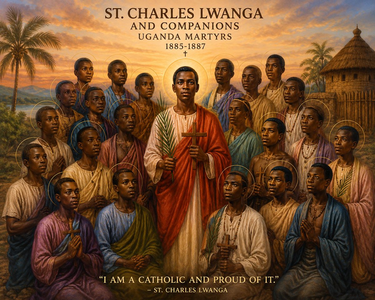 UcheMaryOkoli's tweet photo. Today, the Church honours Saint Charles Lwanga and his companions, the brave Martyrs of Uganda 🇺🇬. 

These young men lived during a time of fierce persecution under King Mwanga II of Buganda. Rather than abandon Christ or compromise their faith, they chose to remain faithful to the Gospel, even when it meant suffering torture and death.

 Between 1885 and 1887, many of them were burned alive or executed for professing the Christian faith.

St. Charles Lwanga stood out as a courageous leader who protected the younger pages, instructed them in the faith, and strengthened them to remain steadfast in Christ. 

His witness reminds us that holiness is not measured by age, wealth, or status but by fidelity to God.

The blood of the Uganda Martyrs became the seed of Christianity in Africa.

 What their persecutors hoped would destroy the faith instead helped it flourish, inspiring countless conversions and generations of believers.

May St. Charles Lwanga and all the Uganda Martyrs intercede for us, that we may have the courage to remain faithful to Christ in every trial, to defend purity and truth, and to bear witness to the Gospel without fear.

St. Charles Lwanga and Companions, pray for us. ✝️