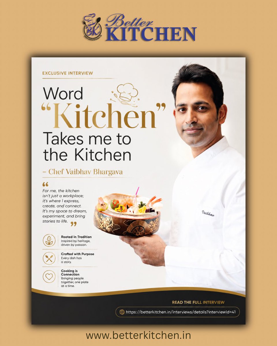 KitchenBetter's tweet photo. Catch our exclusive interview with Chef Vaibhav Bhargava as he shares his journey and culinary philosophy with Better Kitchen 

Read more here: https://t.co/jAaEqWXLhX

@Ekta_BKitchen 
#BetterKitchen #ChefLife #CulinaryArts #FoodIndustry https://t.co/7sfCsNMDMW