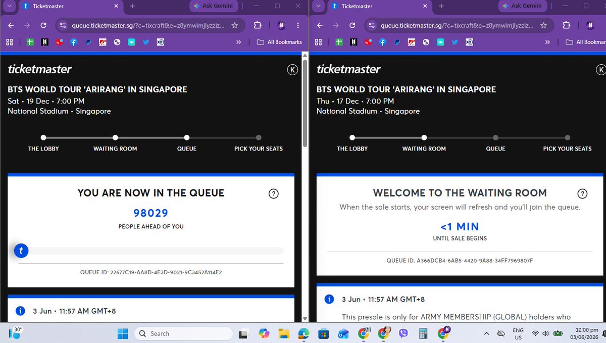 So I tried ticketmaster SG... with one acount... 2 queues for different ...