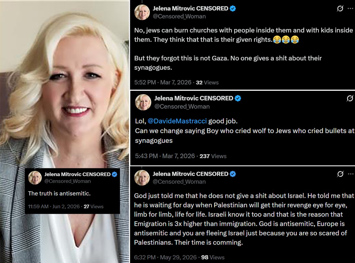 l3v1at4an's tweet photo. Jelena Mitrovic-Bacelj @Censored_Woman is a licensed Realtor with Gold Empire Realty @GoldEmpire56341 in London, ON. Her registration number is 4425401.

Jelena Mitrovic-Bacelj states “Jews burn churches with people inside them” so she does not “give a shit about their synagogues.” Due to this when individuals are shooting at synagogues in Ontario, she believes it’s a story of “boy who cried wolf to Jews.”

Jelena Mitrovic-Bacelj is a supporter of the designated terrorist groups Hamas & Hezbollah, including leadership like Yahya Sinwar & wants to see them removed as foreign terrorist entities in Canada while wanting to see Israel & its 10 million citizens “burned to the ground. Everyone who thinks differently is a genocide lover.”

Jelena Mitrovic-Bacelj posts antisemitic imagery of Jews dressed as rats wearing kippas eating from the brains of a bald eagle while claiming “Goyim Lives Matter.” Oh and she also enjoys baking bread embedded with the Islamic Republic of Iran emblem.

Despite her evil rhetoric in 2017 Jelena Mitrovic-Bacelj  was awarded with a Certificate of Appreciation from @PETA

This is a Notice of Public Interest to the Jewish community of London Ontario regarding this radical Jew hating terrorist supporter who is selling homes as a Realtor. We also strongly suggest not using Gold Empire Realty as it a safety risk for Jews to have this woman in their home or have access to their personal information.

All materials provided were obtained via publicly available sources & does not contain any forms of private materials.