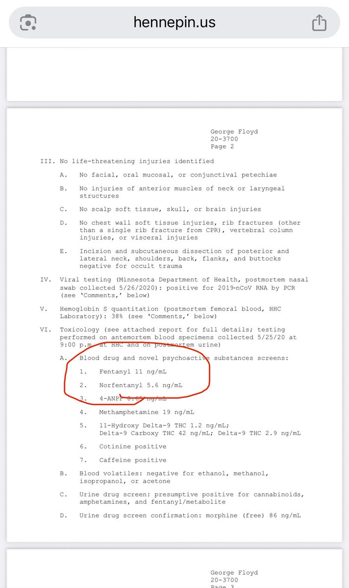 NotEpps's tweet photo. @KonstantinKisin Correction: Floyd was not murdered by “mistreatment” by police. When police approached he swallowed a handful of fentanyl pills to escape arrest as he had done a year previously. 15 minutes later when they hit him, ODd and died. Lethal level fentanyl = 3ng/ml, Floyd had 11.4ng/ml https://t.co/6wRtRVzDP5