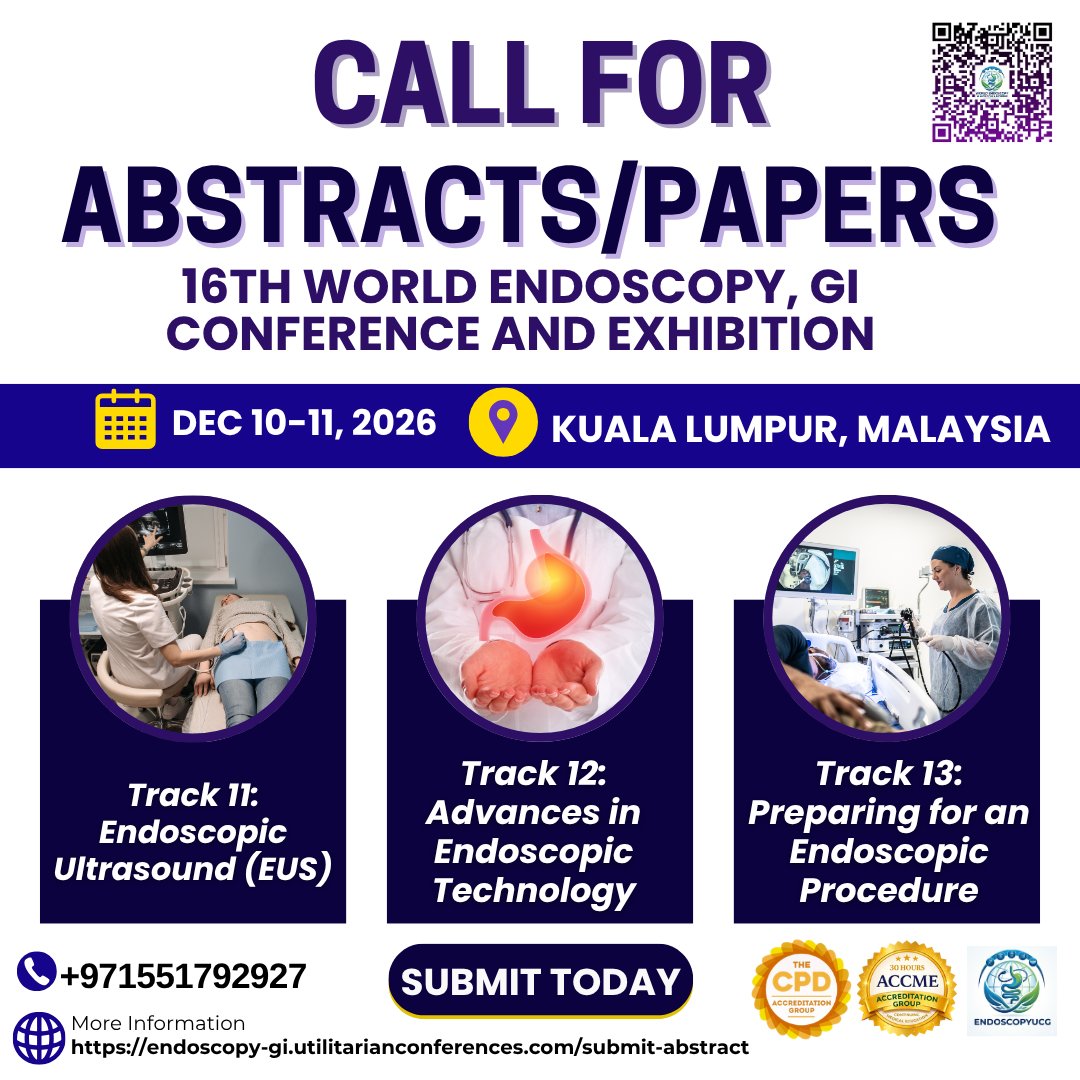 EndoscopyC26521's tweet photo. CALL FOR ABSTRACTS &amp; PAPERS!
 16th World Endoscopy, GI Conference &amp; Exhibition for schedule is Dec 10-11, 2026, in Kuala Lumpur, Malaysia.
Submit here: https://t.co/DIcankyqHA
WhatsApp: https://t.co/7GI3iwr57P
#CallForAbstracts #AbstractSubmission #Endoscopy2026 #GIConference https://t.co/5rjEsgxlgE