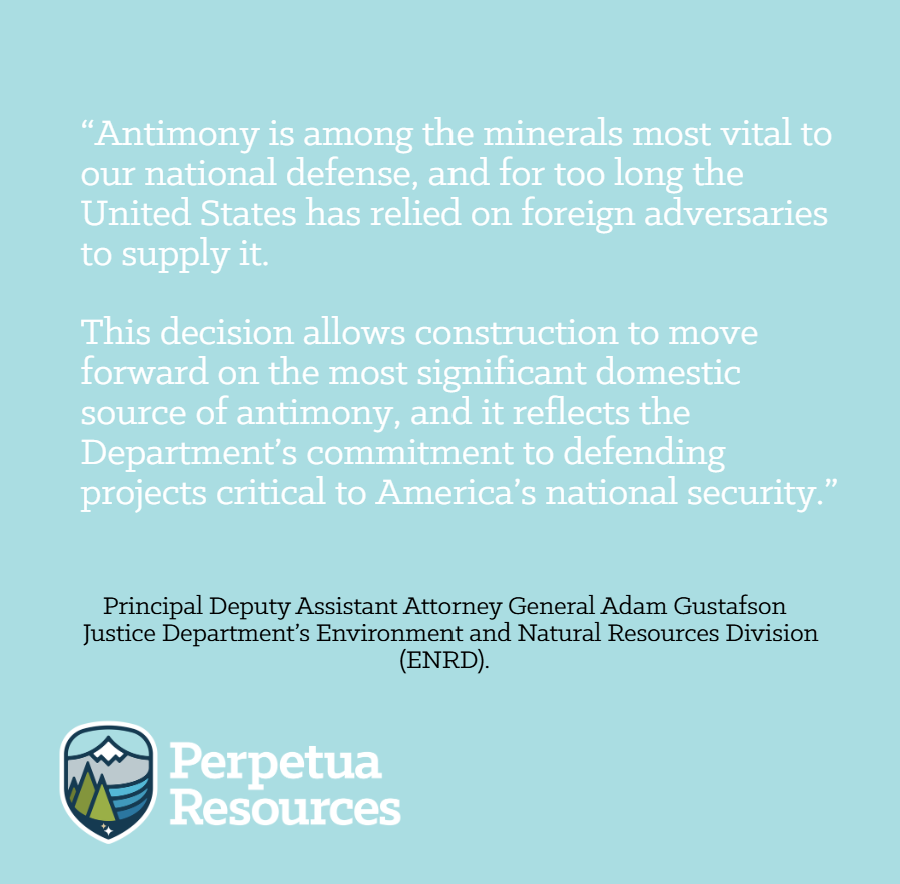 Perpetua_Idaho's tweet photo. The @U.S. Department of Justice highlights the national significance of the Stibnite Gold Project as the only domestic #antimony source capable of meeting the urgent US defense need.

Read the DOJ announcement on the recent Idaho District Court Decision. https://t.co/2tqrxqMT2h https://t.co/qsYFj5juiJ