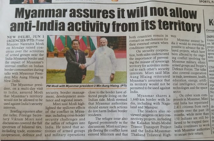 RamlianZomi's tweet photo. #Myanmar Junta Chief Min Aung Hlaing assured won't allow anti India activities from its territory.This is indeed a slap in the face for Insurgent groups like #PLA #UNLF #KCP, #PREPAK, & #KYKL, as well as some #Tangkhul secessionist groups that allegedly operate from Myanmar. https://t.co/xGlDrTQfMc