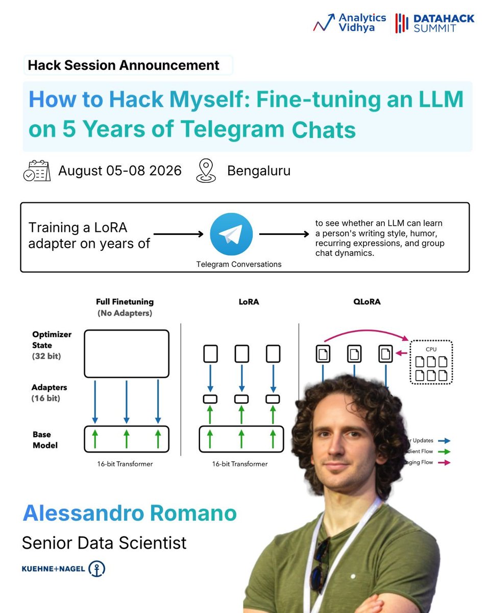 AnalyticsVidhya's tweet photo. Want to build a personalized AI that sounds exactly like you?

Join Alessandro Romano at #DataHackSummit to learn how he turned 5 years of Telegram data into a fine-tuned LLM using LoRA.👇

Register here: https://t.co/UJSaYVt0NX https://t.co/fhkPyR7lpY