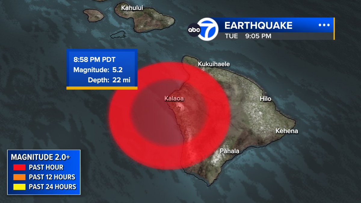 SandhyaABC7's tweet photo. Prelim magnitude 5.2 earthquake off Kona coast, W of Kahaluu-Keauhou, Hawaii tonight.  No tsunami is expected.  #earthquake #Hawaii https://t.co/WqZTG7xXHg
