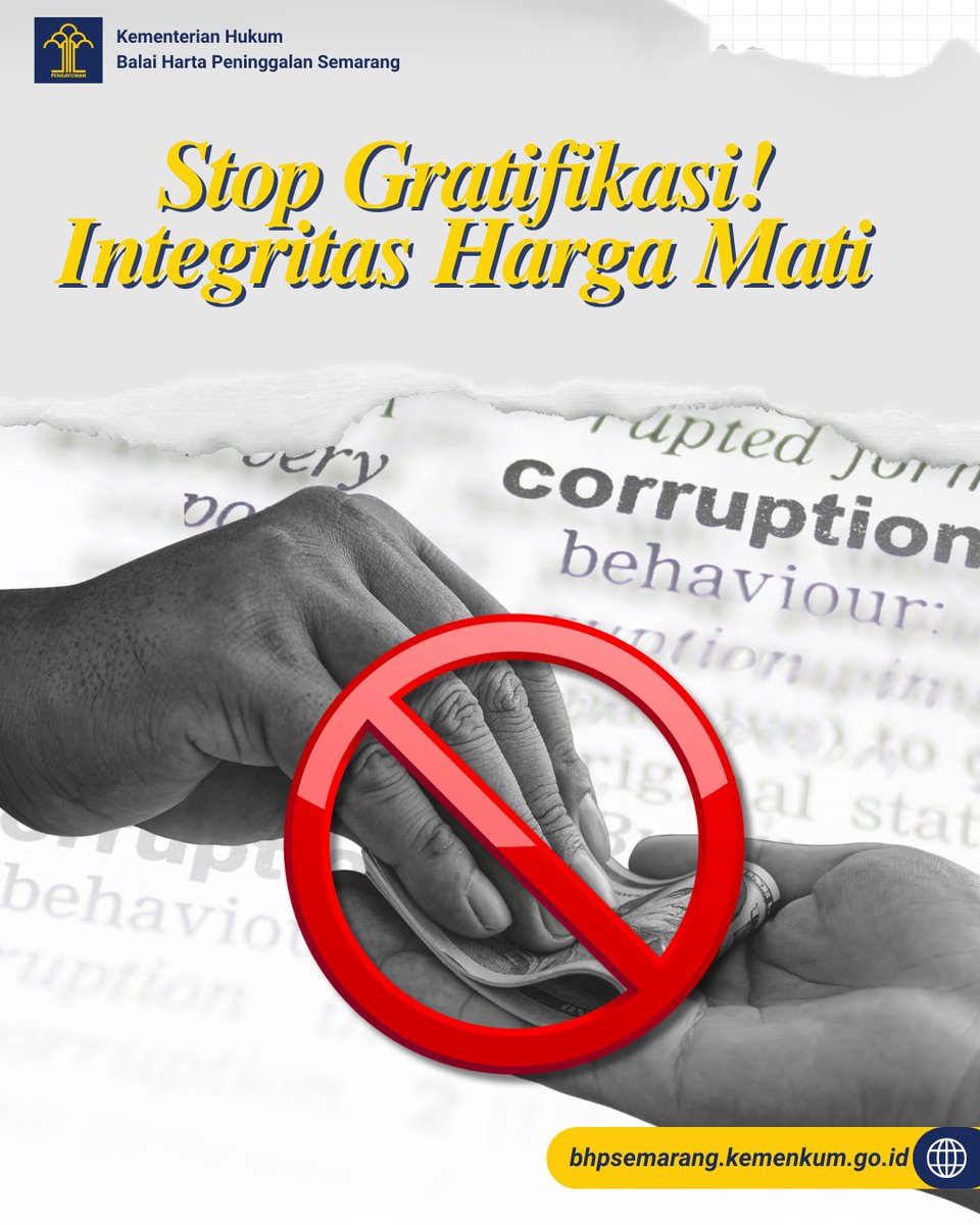 bhpsemarang's tweet photo. 🚫 Stop Gratifikasi!
Integritas bukan untuk ditawar.
Bekerja jujur, melayani dengan sepenuh hati, dan menjaga kepercayaan masyarakat.

#KementerianHukum #LayananHukumMakinMudah #BHPSemarang https://t.co/eLS2oBOEZq