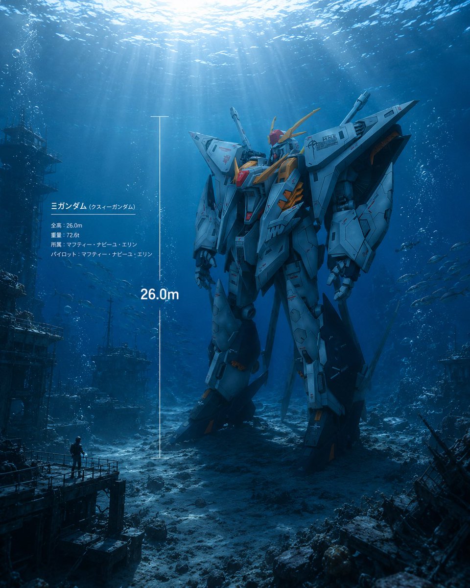 momoman10's tweet photo. チャッピーに
「海の中、ガンダムの大きさは26mくらい
それに背景も合わせて」
でこうなりました https://t.co/JUHXMtFZbh