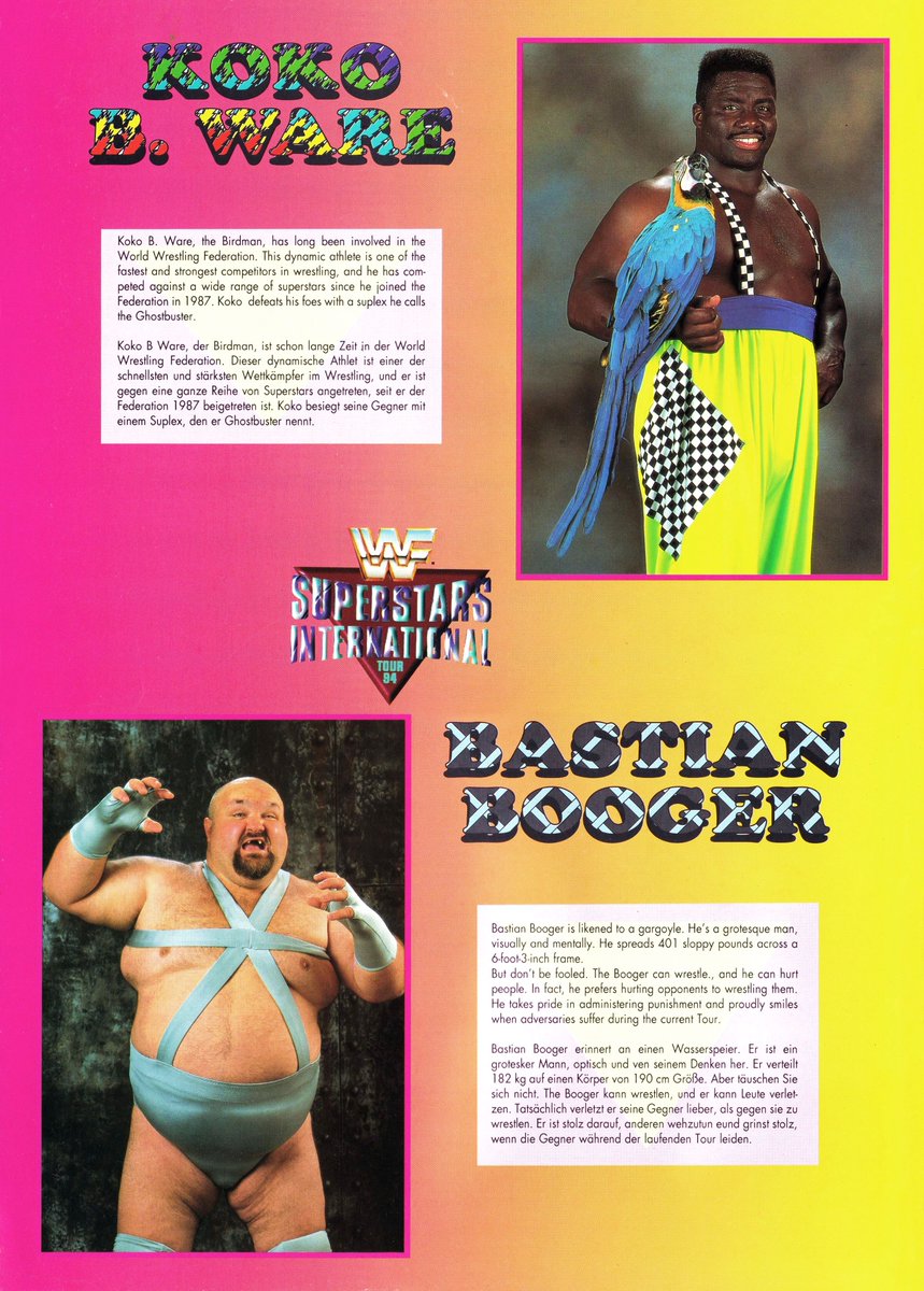 WWFWrestling1's tweet photo. Profiles of Koko B. Ware & Bastion Booger taken from the WWF Superstars International Tour 1994 souvenir programme. #WWF #WWE #BastionBooger #KokoBWare https://t.co/tmaqDH7gur