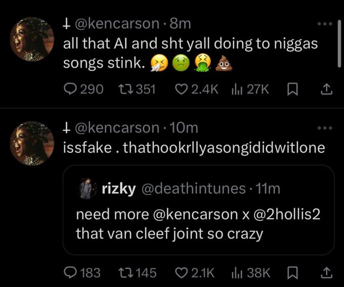 catalogging's tweet photo. That one time Ken Carson blatantly lied about not having a song with 2hollis (2024)

This claim was made when a song known as 'molly' or 'van cleef' surfaced the same day a picture of 2hollis came out of him kissing a man. https://t.co/R2vYketBdm
