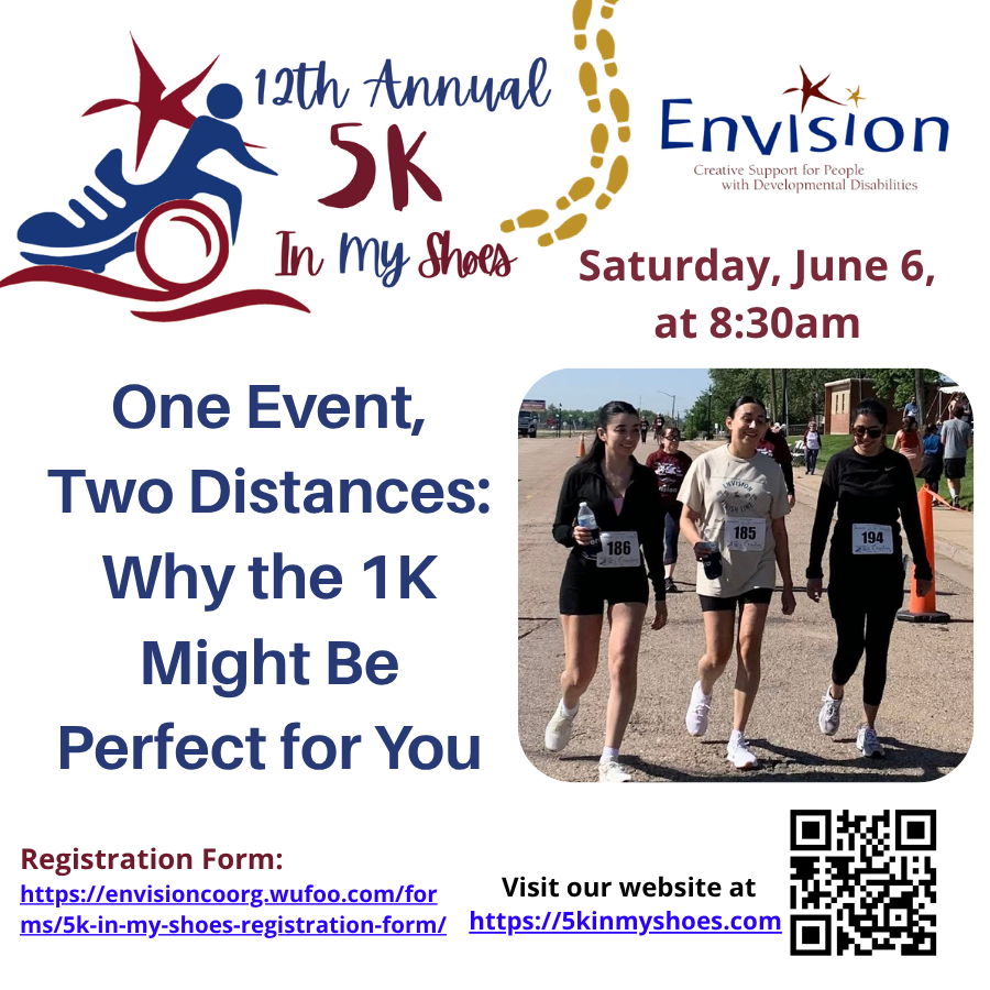 EnvisionCoOrg's tweet photo. Not everyone dreams of running a 5K, and that’s exactly why 5K In My Shoes offers a 1K Run, Walk, and Roll option. Visit our website to learn more about this exciting event. 
https://t.co/Q0KrNHwxwt https://t.co/o4TL2MsBYd