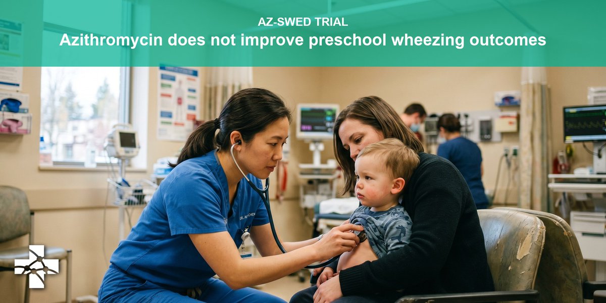 ALiEMteam's tweet photo. 💊 New on ALiEM: Azithromycin doesn't help preschool wheezing.

In 840 ED kids with wheezing, it cleared airway bacteria but didn't improve symptoms, admissions, or return visits, even in those with detectable bacteria.

https://t.co/O3A5uxp5D7

AZ-SWED Trial @PECARNteam https://t.co/ovH33rdJWB