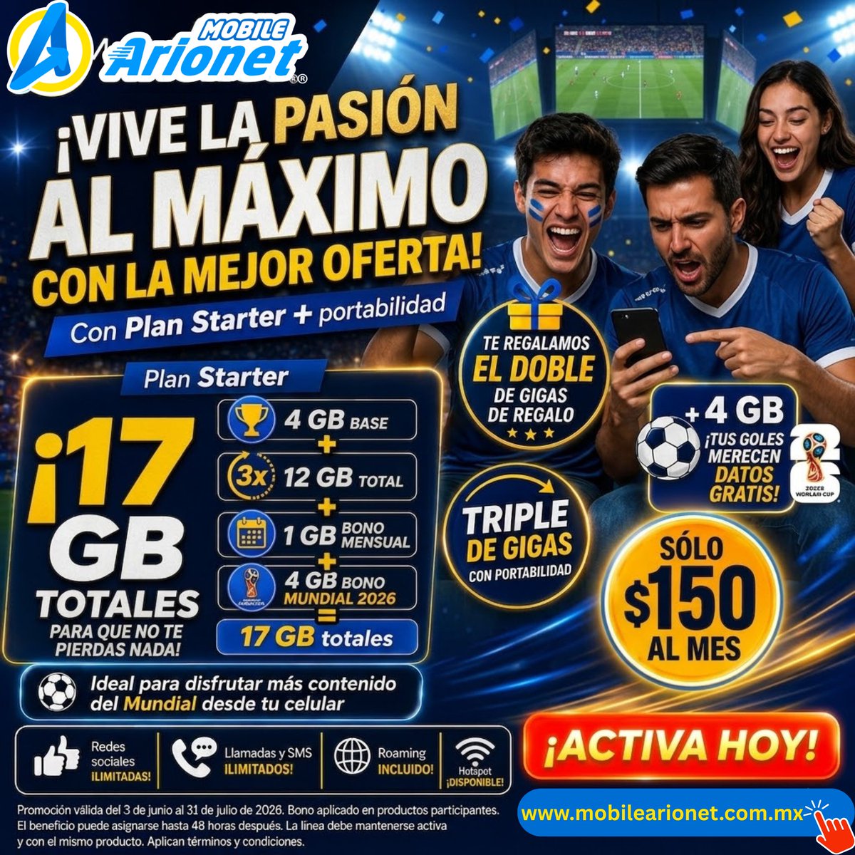 mobilearionet's tweet photo. ⚽🔥 ¡Vive la pasión del Mundial al máximo con MobileArionet! 🔥⚽
🚀 ¡Activa hoy y vive cada jugada conectado!

🌐 https://t.co/F2JxliH8wW
Aplican términos y condiciones. https://t.co/dSCVNS7a7q