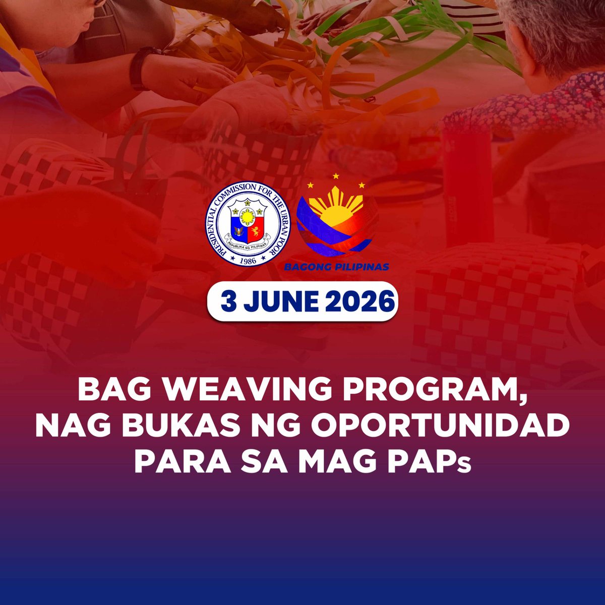 pcupgovph's tweet photo. 𝐀𝐋𝐏𝐀𝐒 𝐏𝐈𝐋𝐋𝐀𝐑 𝐋-𝐢𝐯𝐞𝐥𝐢𝐡𝐨𝐨𝐝 | 𝗕𝗮𝗴 𝗪𝗲𝗮𝘃𝗶𝗻𝗴 𝗣𝗿𝗼𝗴𝗿𝗮𝗺, 𝗡𝗮𝗴𝗯𝘂𝗸𝗮𝘀 𝗻𝗴 𝗢𝗽𝗼𝗿𝘁𝘂𝗻𝗶𝗱𝗮𝗱 𝗽𝗮𝗿𝗮 𝘀𝗮 𝗺𝗴𝗮 𝗣𝗔𝗣𝘀

#ALPASSaBagongPilipinas 
#BagWeavingTraining #LivelihoodSkillsTraining #AlternativeLivelihood https://t.co/V7roRrWITm