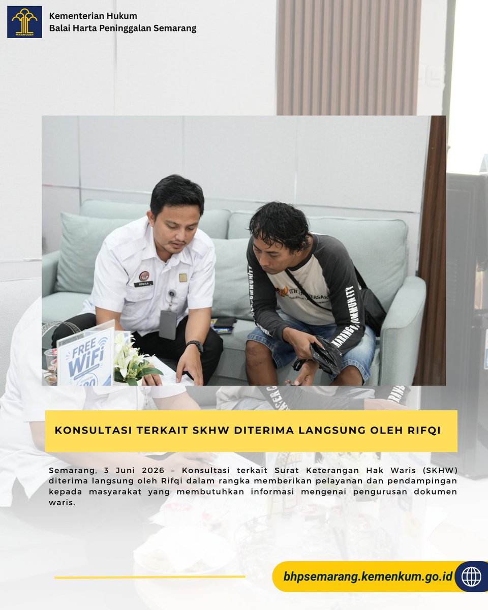 bhpsemarang's tweet photo. Konsultasi Terkait SKHW Diterima Langsung oleh Rifqi

Konsultasi terkait Surat Keterangan Hak Waris (SKHW) diterima langsung oleh Rifqi 

#KementerianHukum #LayananHukumMakinMudah #BHPSemarang https://t.co/ijVWIhsbkn
