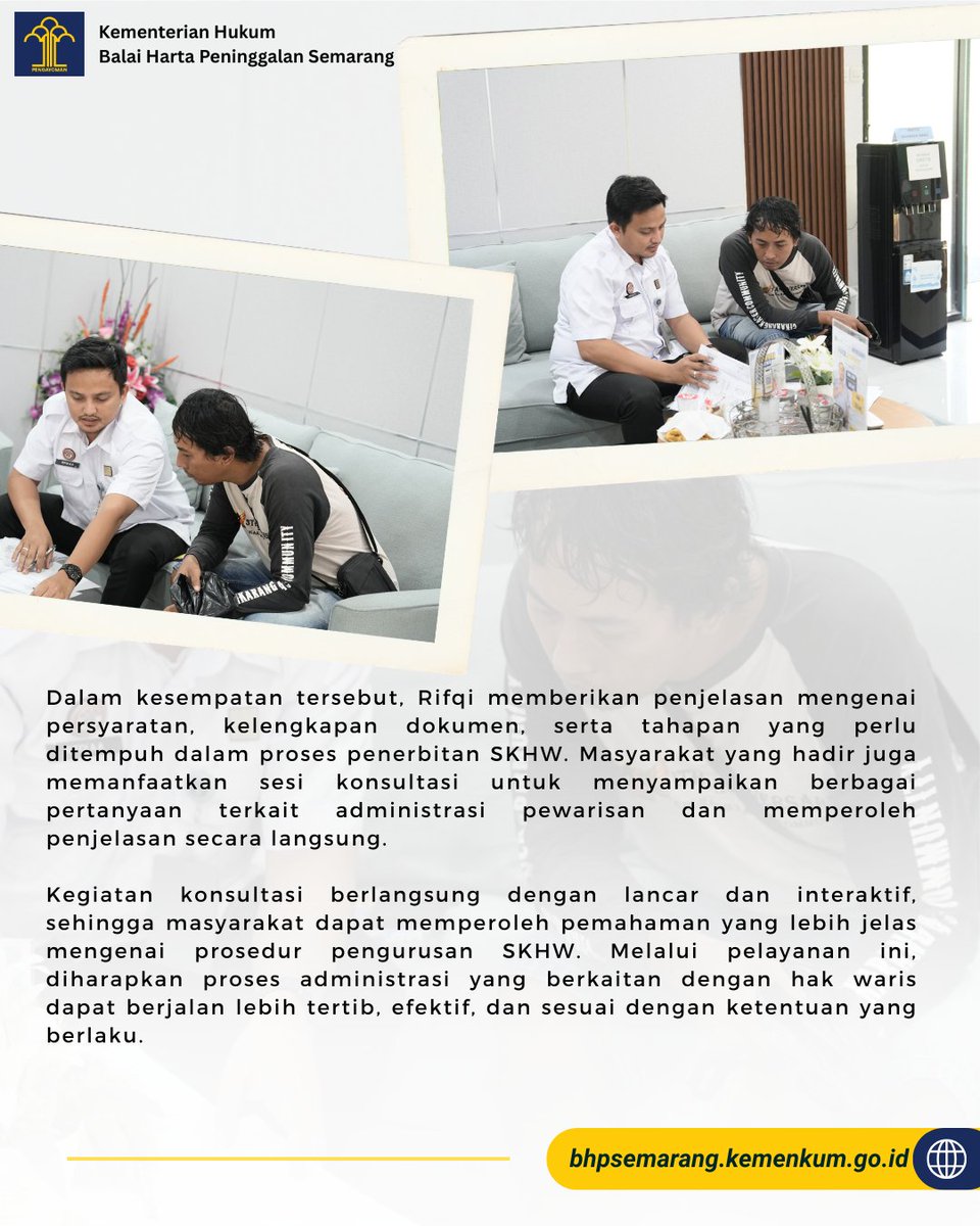 bhpsemarang's tweet photo. Konsultasi Terkait SKHW Diterima Langsung oleh Rifqi

Konsultasi terkait Surat Keterangan Hak Waris (SKHW) diterima langsung oleh Rifqi 

#KementerianHukum #LayananHukumMakinMudah #BHPSemarang https://t.co/ijVWIhsbkn