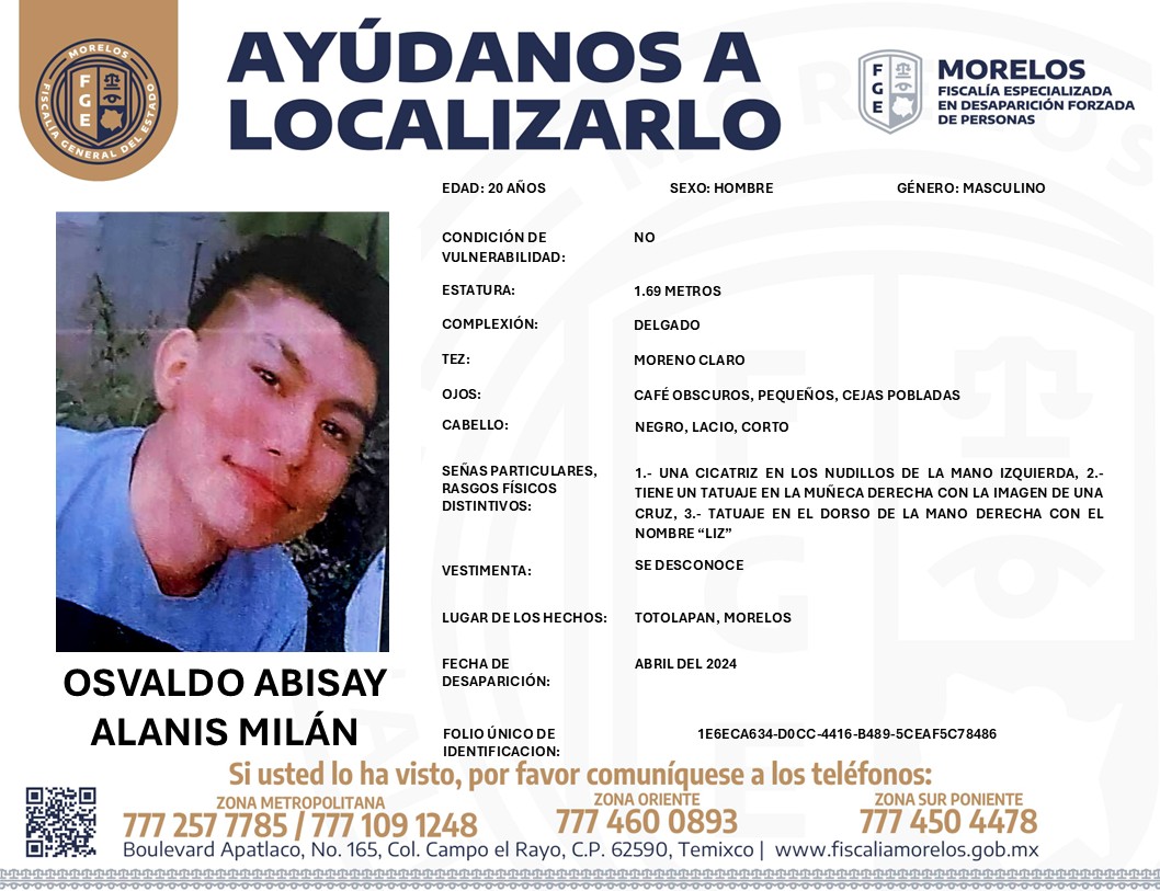 7dtv's tweet photo. #Osvaldo #Abisay desapareció en #Totolapan, hace 2 años

@Fiscalia_Mor solicita su colaboración para localizar a Osvaldo Abisay Alanis Milán, de 20 años de edad. https://t.co/zM4C0dAYnm