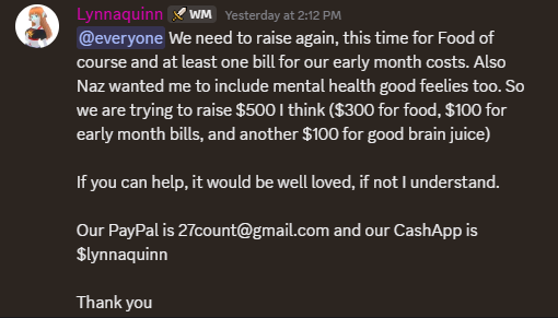 SomeRandomG33k's tweet photo. My friends Naztheneko and Lynnaquinn need $500 to pay for their bills and get food. Like every month. And I am still jobless. Capitalism is terrible. 

Give if you can. Any amount helps. Sharing helps. 

P-yP-l: 27count@gmail.com
C@sh@pp: $lynnaquinn https://t.co/3iOk2g1IyR
