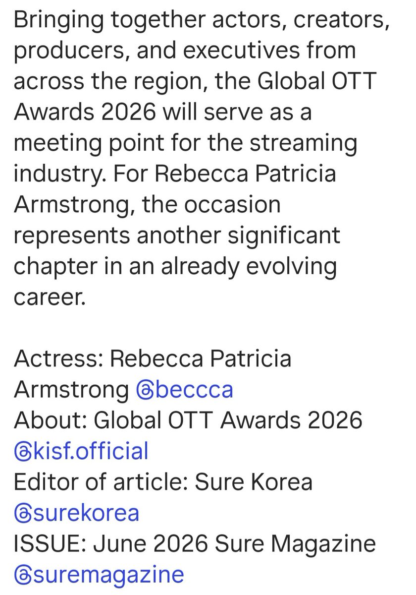 becky_support_'s tweet photo. SURE MAGAZINE (Sure Korea) IG Post

A NOTABLE MOMENT FOR REBECCA PATRICIA ARMSTRONG AT GLOBAL OTT AWARDS 2026.

#beckysangels
#GlobalOttAwards #SureMagazine
#GlobalOttAwards2026
#SureKorea
#BeckyArmstrong‌ 
#BeckyEntertainment https://t.co/axKjiNc1QZ