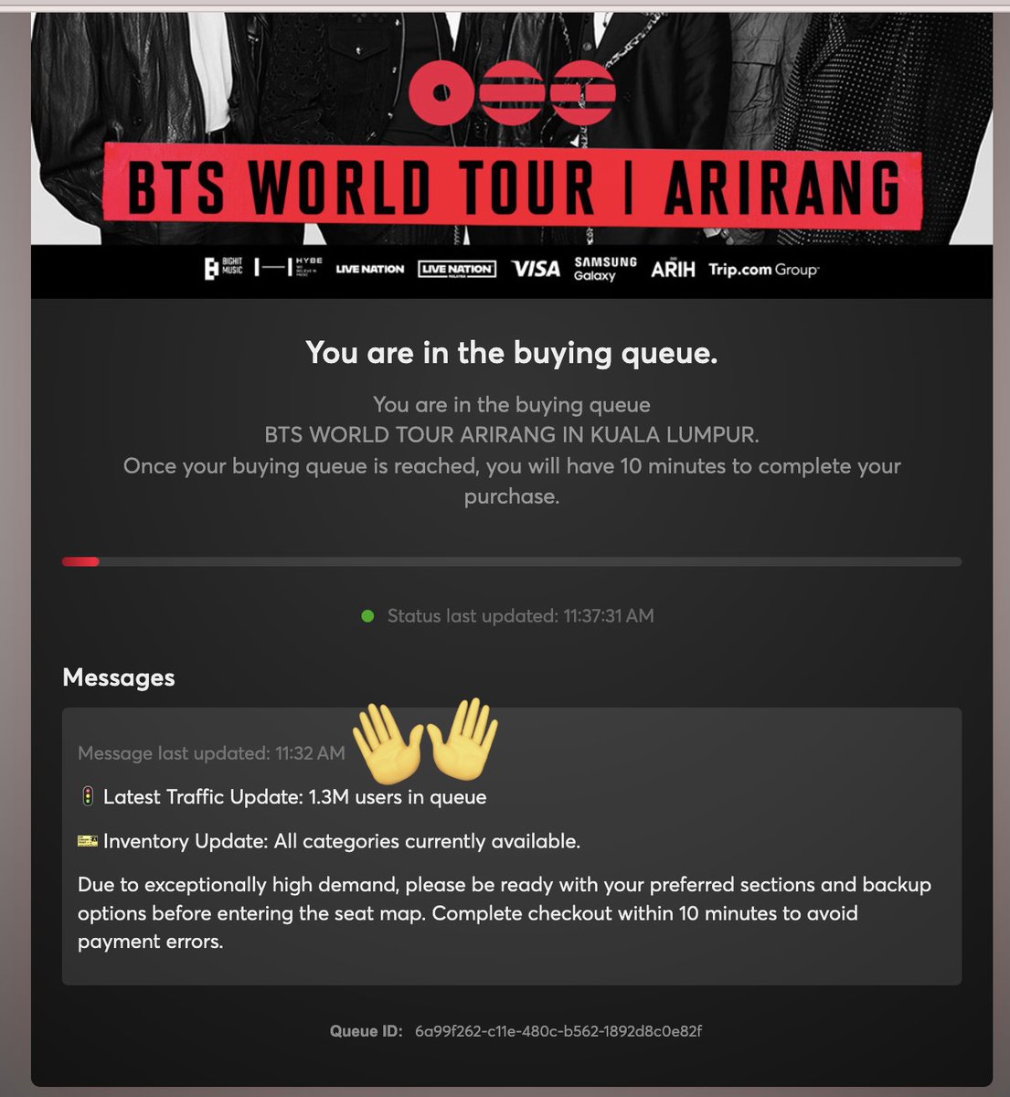 pjmIesviu's tweet photo. Más de 1.3M de usuarios en cola virtual para conseguir entradas para BTS en Kuala Lumpur, EL IMPACTO DE LOS TANNIES ES ENORME, UNA LOCURA TOTAL 😭🔥 https://t.co/KKJeLB7y9m