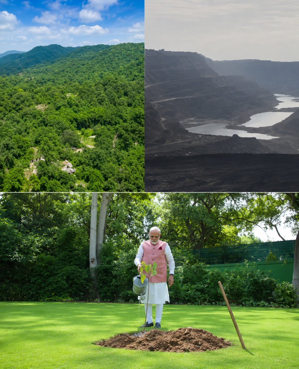Oyemisty's tweet photo. "Hasdeo Forest, -Lungs of Central India;

2025.              --                2026

India's Prime Minister is an amazing nature lover,

Just look at the Hasdeo Forest. This is how it was in 2025-look at what condition it has been reduced to in 2026.

And Mr. Prime Minister will plant a tree in the garden of the Prime Minister's residence and become a nature lover. It makes for a great photo, and he will give lectures on global warming.

In Chhattisgarh's Hasdeo Aranya region, the diversion of more than 1,742 hectares of forest land for coal mining and the cutting of 448,000 trees was approved by the Modi government, the central government.

Mr. Prime Minister plants a tree wherever he goes. He even plants trees during his foreign visits, making people think he is a great nature lover and environmentalist.

But in his own country, for the sake of his friends, he had approximately 500,000 trees cut down for coal mining.

The forest was wiped out, and the permission was also granted by him.

Is Mr. Modi really an environmentalist and nature lover? Is he genuinely concerned about global warming ?