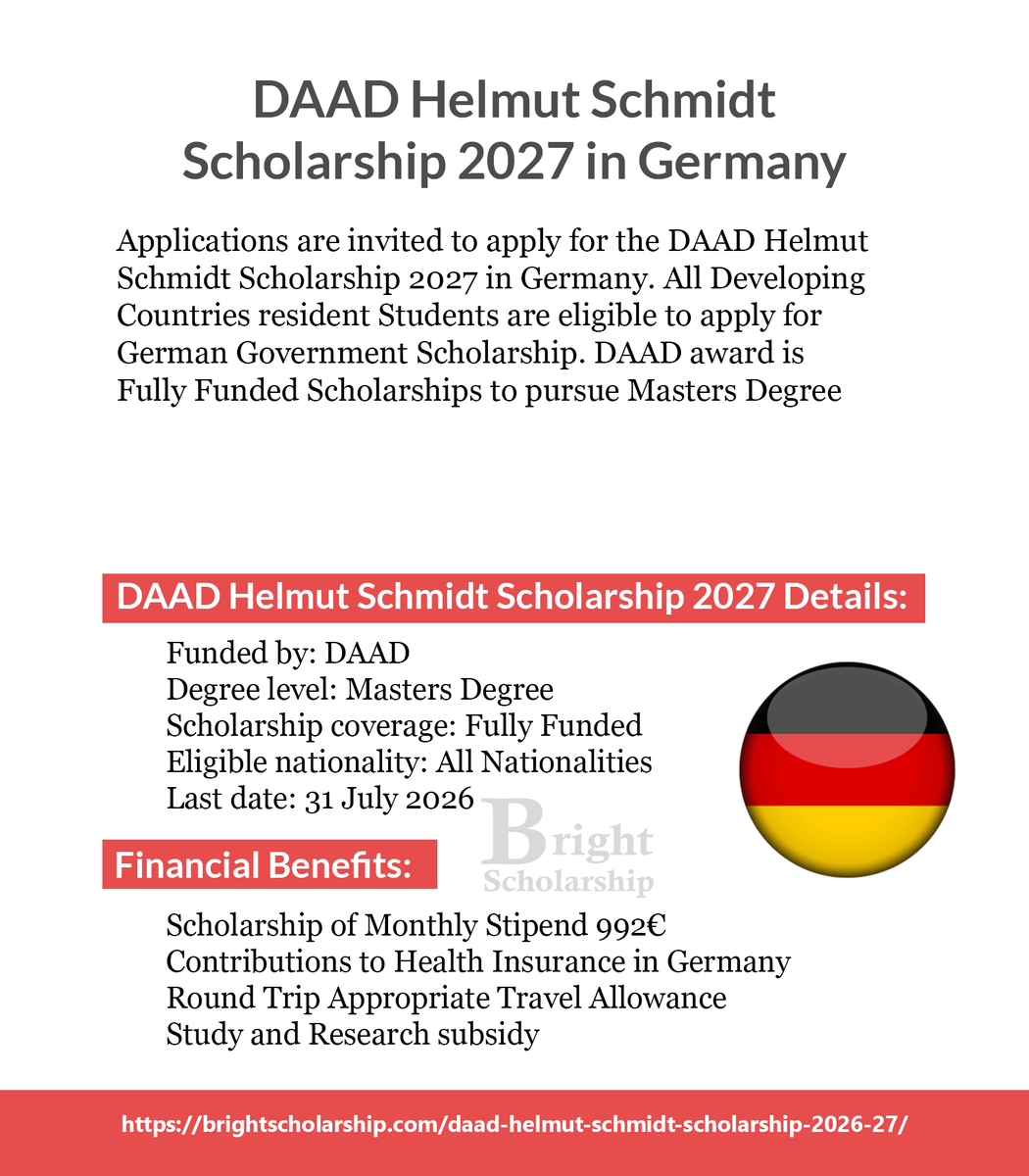 BrightSship's tweet photo. DAAD Helmut Schmidt Scholarship 2026-27 in Germany (Fully Funded)

Degree level: Masters Degree
Eligible nationality: All Nationalities
Last date: 31 July 2026

Apply Link: https://t.co/vDKA0X4fjX

#BrightScholarship #FullyFunded #Scholarship #Germany #Students https://t.co/i2W3DKsaU3