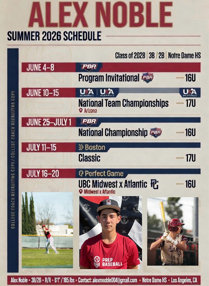 alex_noble_bsbl's tweet photo. Excited for a big summer of baseball and the opportunity to compete against strong national competition.

Alex Noble | 2028 | 3B/2B/RHP | Notre Dame HS

Summer 2026 Schedule:
#2028Uncommitted https://t.co/U9HNZTRzZC
