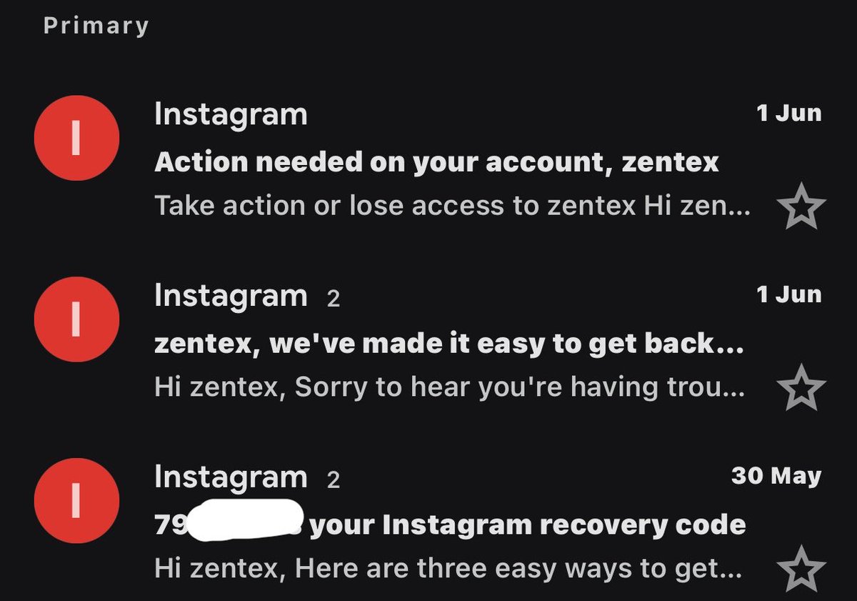 zent7x's tweet photo. my instagram @ zentex got disabled because someone tried to steal it using the meta AI exploit

look at my inbox. may 30 someone requested a recovery code, wasn’t me. june 1 instagram telling me i’m losing access. done nothing wrong and there’s zero humans at meta to contact

if this happened to you drop it below, i know i’m not the only on 😭 lets see each other’s pain side by side