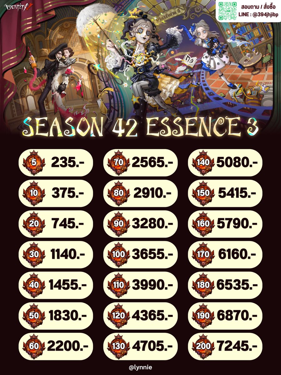 pysric's tweet photo. Season 42 Essence 3 🎪❤️
✨���พ็กพิเศษ✨ ( จำกัดซื้อ 3 ครั้ง )
1 แพ็ก : 10 ลูก = 265.-
2 แพ็ก : 20 ลูก = 460.-
3 แพ็ก : 30 ลูก = 690.-

#IdentityV #IdentityVTH #ตลาดนัดไอเดน https://t.co/6BGhL3RDNz