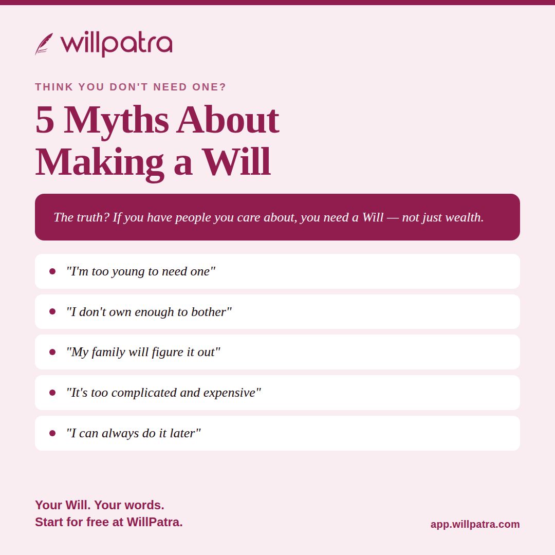 will_patra's tweet photo. "I'm too young." "I don't own enough." "My family Will figure it out."

These are the myths that stop people from planning; and the reasons families end up in chaos. 

The truth? If you have any form of wealth and have the people you care about, you need a Will. https://t.co/ZmhiIgX99z