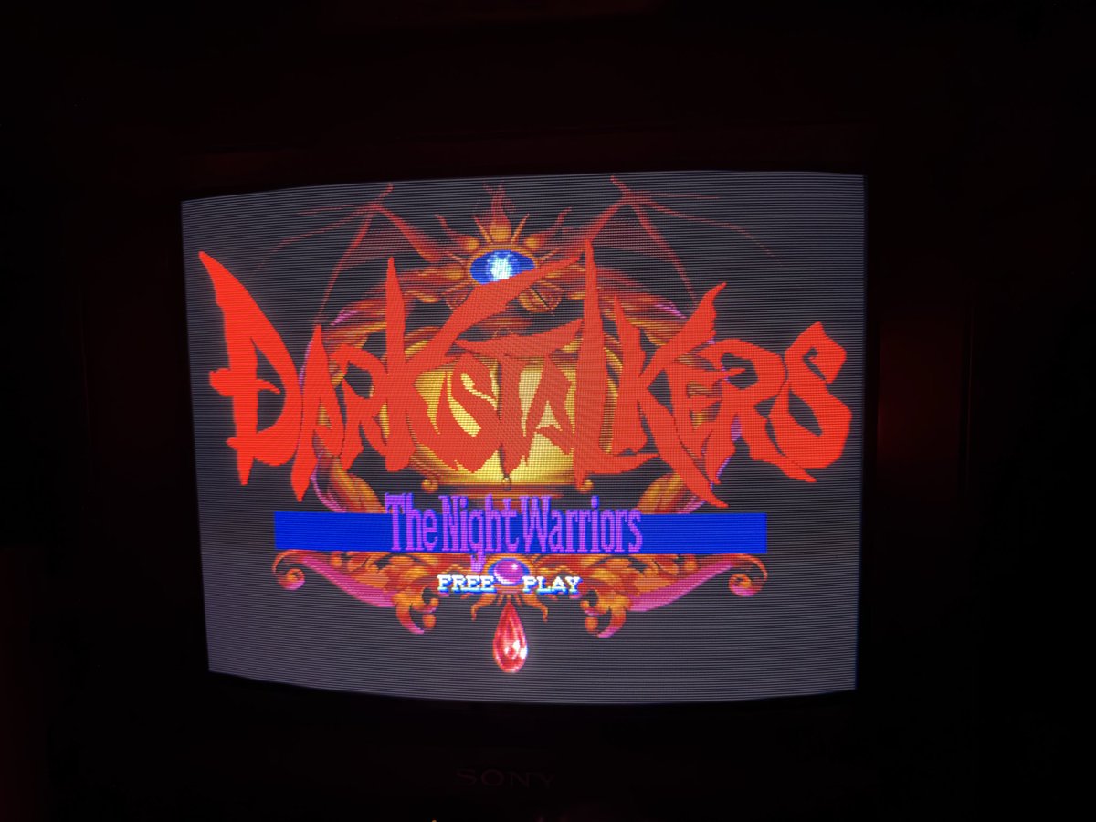 shawk670's tweet photo. Home ports? You talking about firewall rules? We don’t do ports here, real arcade hardware action. Some #capcom #cps2 #darkstalkers on the baby 14” PVM. 
Plus a sneak peak of what’s next. #cps3 https://t.co/z6mvSfEp2O