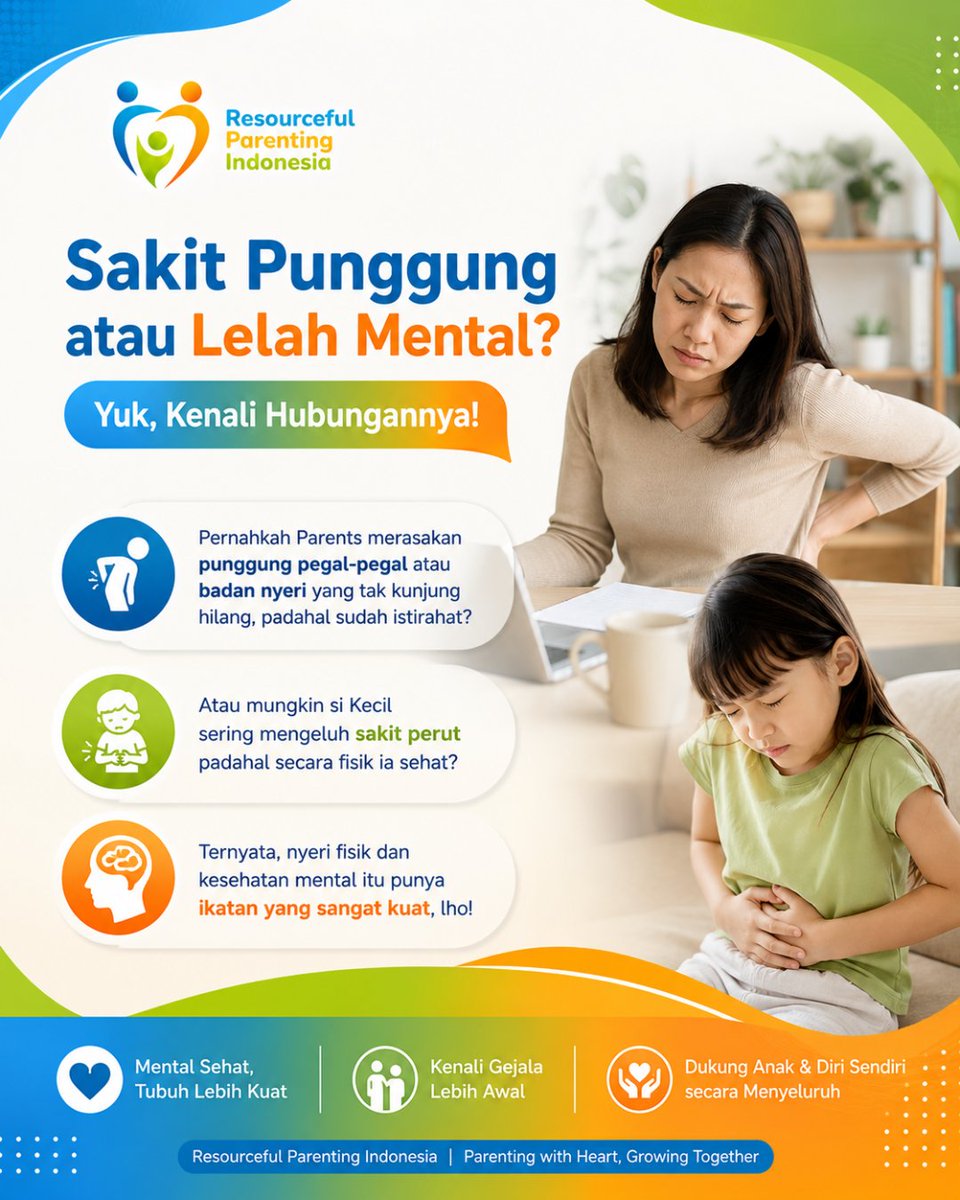parenting_rpi's tweet photo. Pernah nggak sih, Parents merasa punggung pegal-pegal padahal udah istirahat? Atau si Kecil sering ngeluh sakit perut padahal fisiknya sehat?
Ternyata, nyeri fisik dan kesehatan mental itu punya ikatan yang sangat kuat, lho! Tubuh kita sedang berkomunikasi. https://t.co/8avxOrfCez