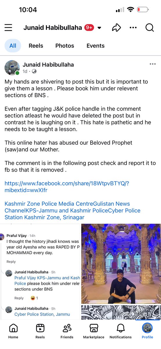 juni1831's tweet photo. @KashmirPolice @Cyberpolicekmr @BudgamPolice @

Please book this account user Praful vijay under relevent sections of BNS for promoting hate crime and hurting religious sentiments .
And request facebook to take this comment down.

Adv.Junaid Habibullah https://t.co/z24NkdfZpW
