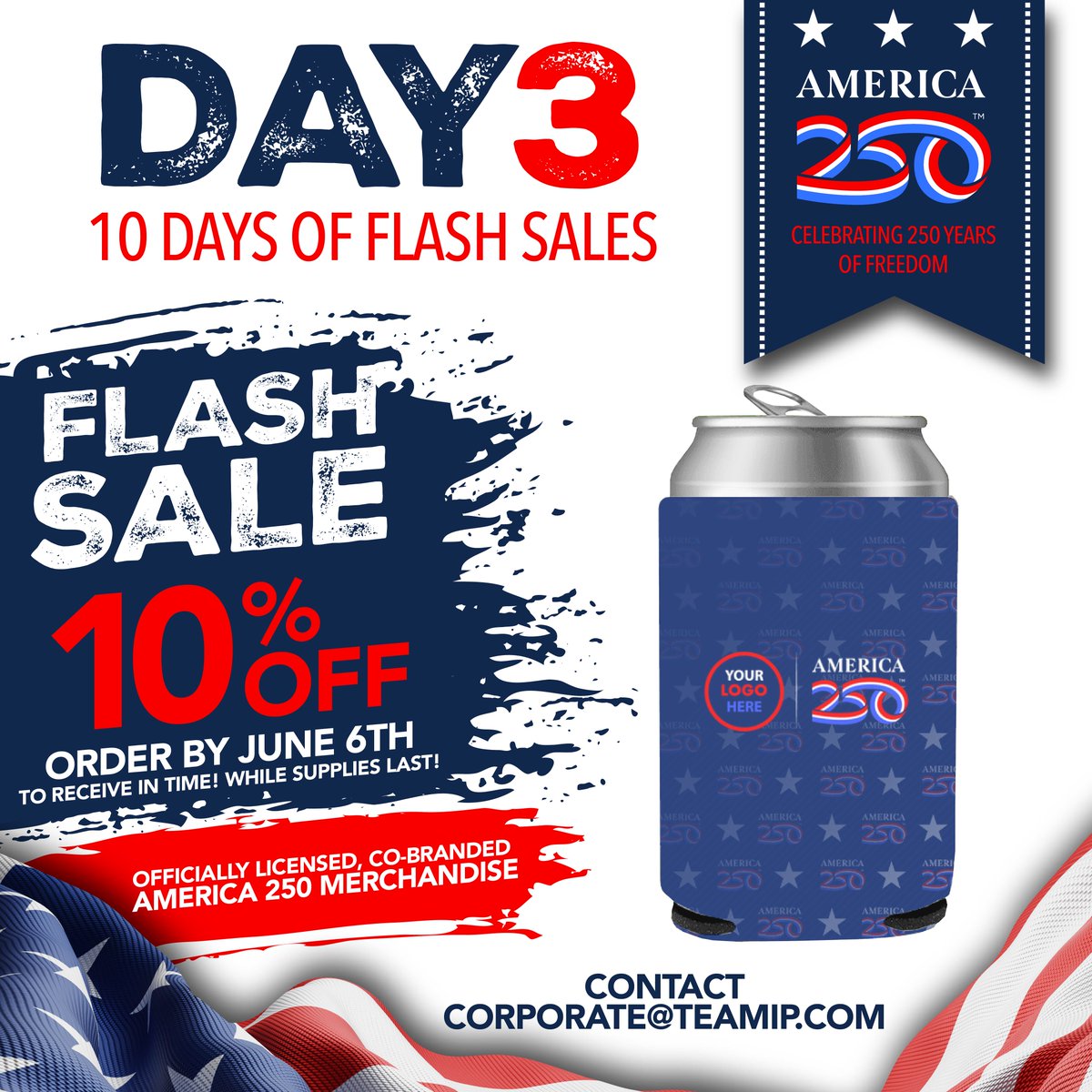 teamip's tweet photo. DAY 3 — Koozies &amp; Quick‑Turn
Fast‑turn essentials for July 4th events. Save at least 10% today.  
Corporate@TeamIP.com https://t.co/joK5CjkzVb