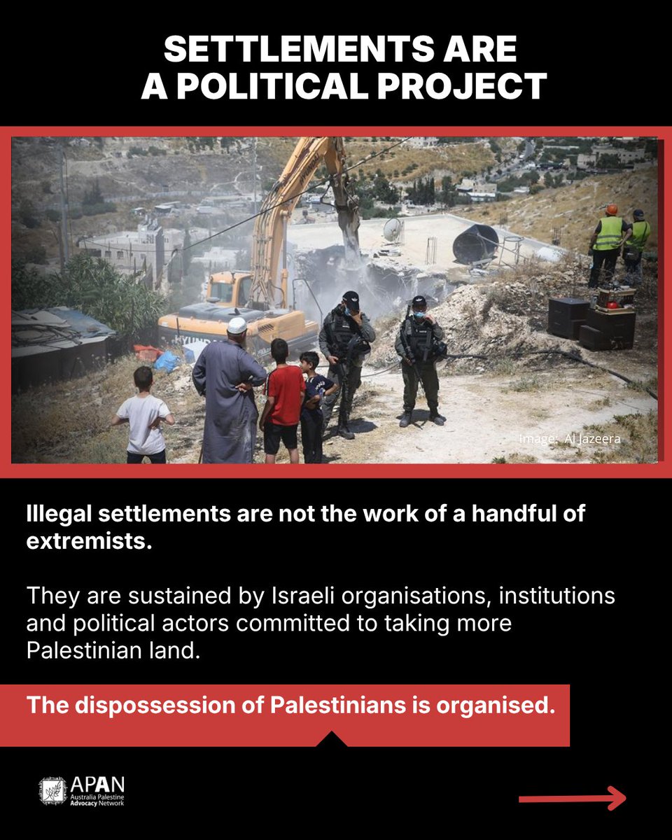 APAN4Palestine's tweet photo. Sanctions are welcome.

Yesterday’s sanctions by the Australian government recognise that settler violence is being used to force Palestinians from their land and expand illegal settlements.

But accountability cannot stop with a handful of settlers.

Behind every illegal outpost is a system that funds, facilitates and protects settlement expansion.
Australia must now examine those driving and profiting from the dispossession of Palestinians.

Sanction the system behind the settlements.