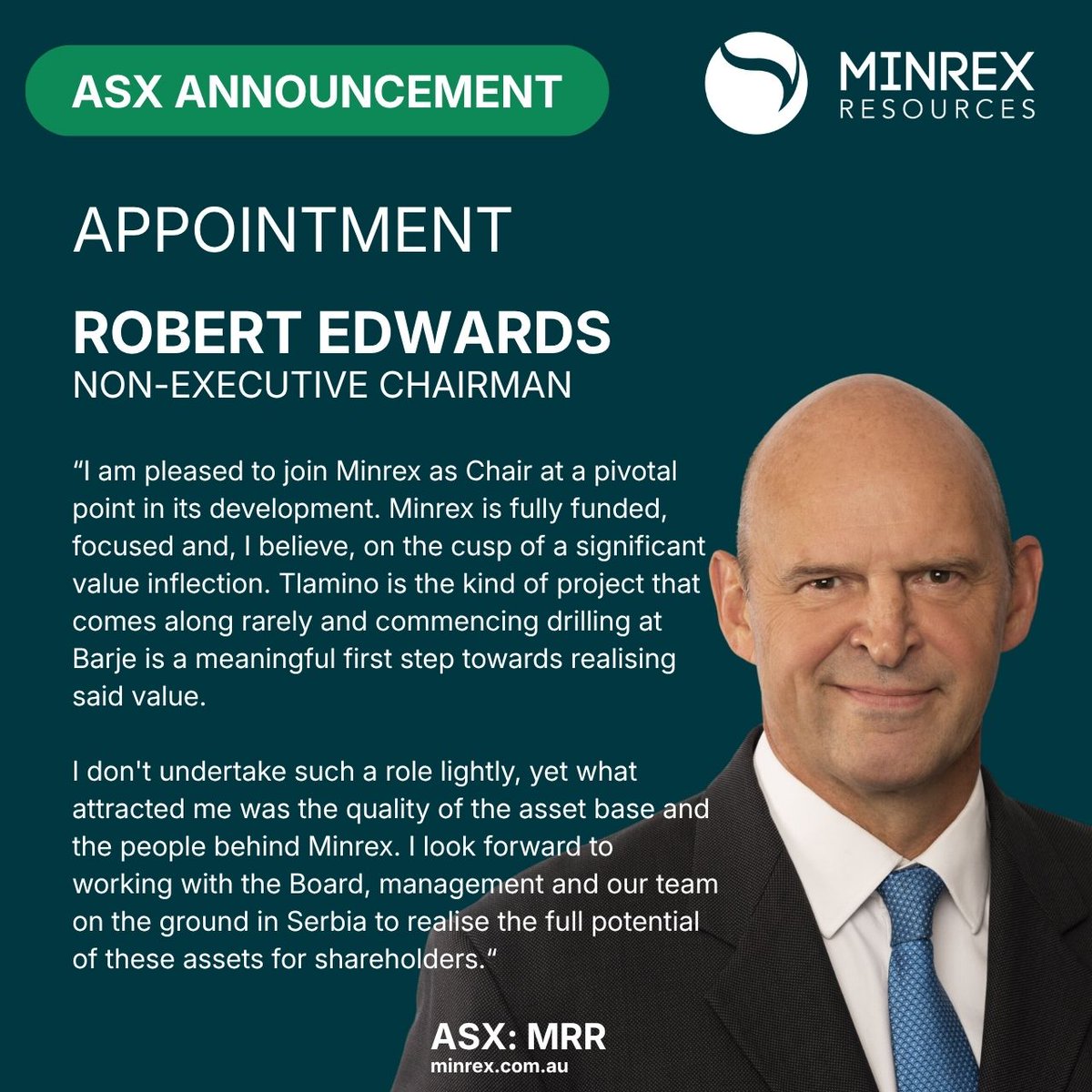 MinRexResources's tweet photo. $MRR strengthens its Board with the appointment of highly experienced mining &amp; capital markets executive Robert Edwards as Non-Executive Chair.

Robert joins at an exciting time as drilling gets underway at the Barje Deposit within the flagship Tlamino Gold Project in Serbia. https://t.co/PdZx4jjFEi