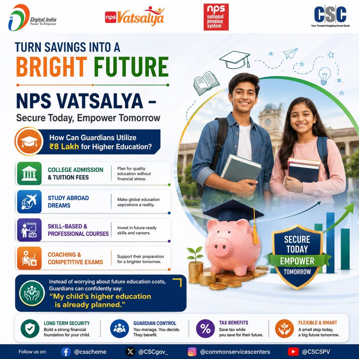 csc_fintech's tweet photo. Your Child's Secure Future is in Your Hands...
Introducing NPS Vatsalya - Ensure Your Child's Long-Term Security!!
Visit your nearest Common Service Centre (CSC) today to avail NPS Vatsalya.
For any query, write us at pension@csc.gov.in
#csc #NPS https://t.co/fEVj2n2cNC