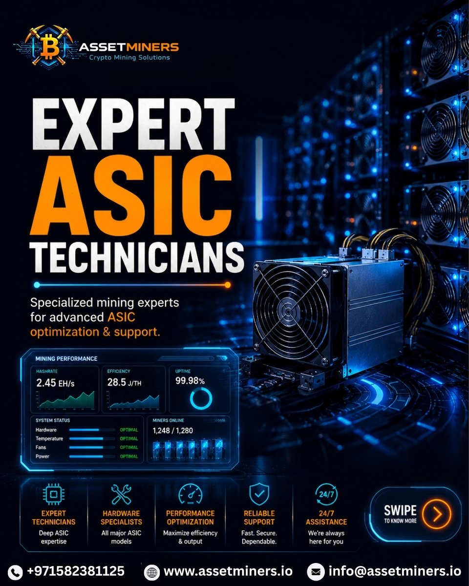 MinersAsse44851's tweet photo. Boost Your Mining Profits

Expert ASIC support &amp; smart firmware optimization for maximum uptime and performance.

📞 +971 582381125
🌐 https://t.co/4LHhREeVPN
#CryptoMining #BitcoinMining #ASICMiner #Blockchain #MiningOptimization https://t.co/ypRC6EfXyF