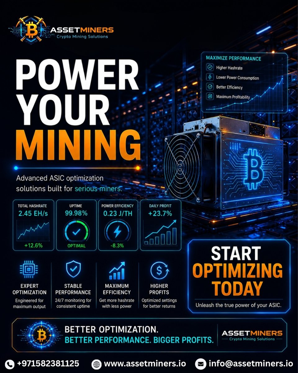 MinersAsse44851's tweet photo. Boost Your Mining Profits

Expert ASIC support &amp; smart firmware optimization for maximum uptime and performance.

📞 +971 582381125
🌐 https://t.co/4LHhREeVPN
#CryptoMining #BitcoinMining #ASICMiner #Blockchain #MiningOptimization https://t.co/ypRC6EfXyF