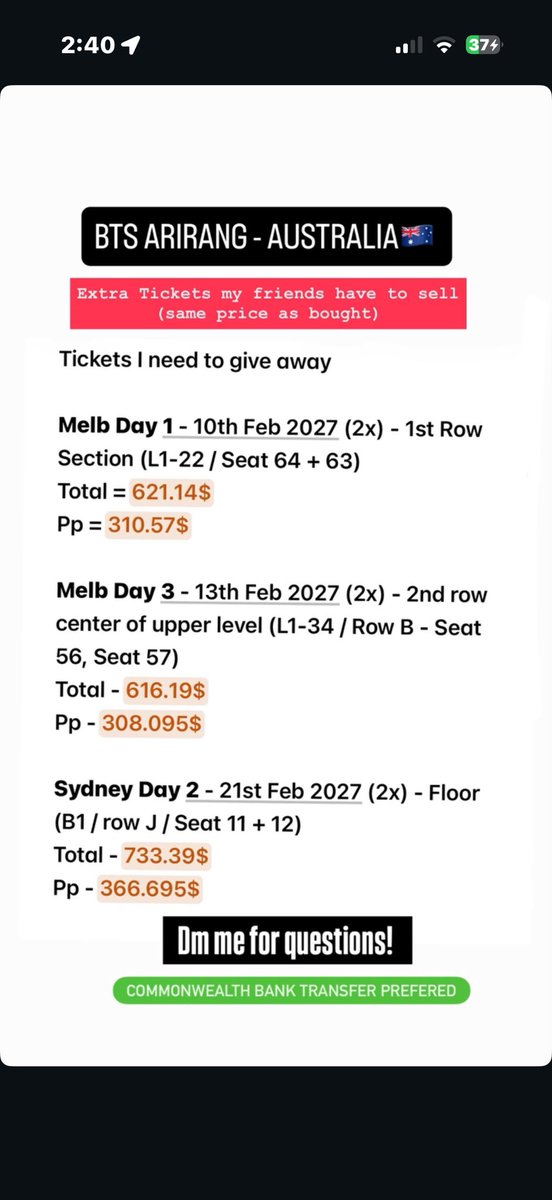 _FaizaHobi's tweet photo. Armies do your work. Can you help me find people who want this seats. Me and my friends bought extra cuz we were scared and now we have a few extras. If you want! DM me. It’s the same price as I bought it #BTS #btsarirang #sydney #Melbourne #btsinaustralia https://t.co/noYJ7Ac7D2