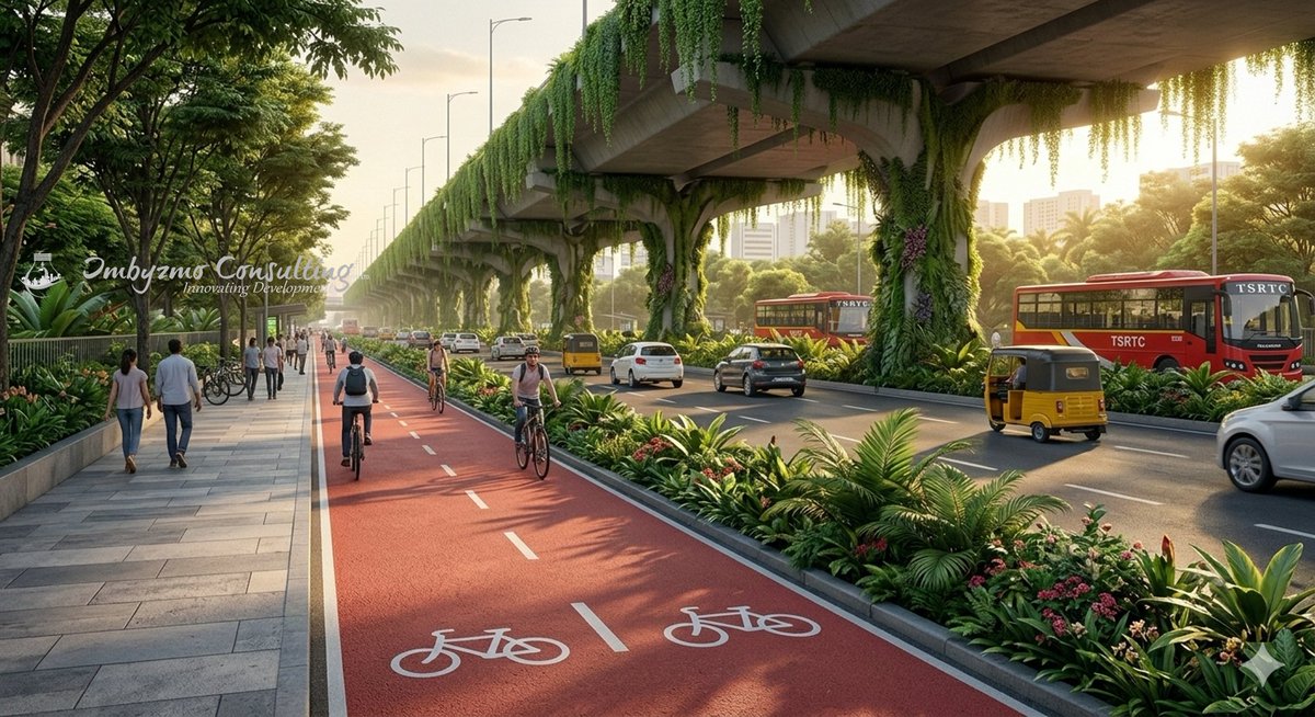 imbyzmo's tweet photo. Reimagining Mobility Around KBR Park: Why the Imbyzmo Elevated Corridor Deserves Serious Consideration

The discussion around mobility improvements in the KBR Park corridor has intensified with the proposed H-CITI interventions. While junction improvements can provide localized relief, Hyderabad's long-term challenge around KBR Park is fundamentally a corridor capacity problem, not merely a junction problem.

The Imbyzmo KBR Park Elevated Corridor Plan approaches the issue from a different transportation engineering perspective: segregating regional through-traffic from local traffic.

The Core Concept
The proposal consists of a 5.2 km, 4/6-lane one-way elevated corridor constructed primarily within the existing road median around KBR Park.

Key features include:
✅ Clockwise one-way elevated traffic movement
✅ Strategic entry and exit ramps at Road No. 45, Film Nagar, Road No. 2, Road No. 10 and Road No. 12
✅ Minimal land acquisition requirements
✅ Preservation of KBR Park ecology by avoiding intrusion into the park itself
✅ Green-integrated infrastructure with vegetated pillars and landscaped medians
✅ Enhanced pedestrian, cycling and public transport facilities at ground level

Why This Differs From the H-CITI Approach..?

The H-CITI plan primarily focuses on:

- Junction redesigns
- Traffic circulation modifications
- Signal optimization
- Localized geometric improvements

These measures improve operations at individual bottlenecks.

However, they do not fundamentally address a key reality:

A significant portion of traffic around KBR Park is pass-through traffic traveling between West Hyderabad, Financial District, Hi-Tech City, Jubilee Hills, Banjara Hills, Secunderabad and Eastern Hyderabad.

This traffic currently shares the same road space with:
- Local residents
- School traffic
- Commercial access traffic
- Public transport
- Pedestrians

As a result, congestion simply shifts from one junction to another.

Transportation Engineering Advantage

The Imbyzmo proposal follows a principle successfully used in many global cities:

Separate Traffic by Function

Elevated Corridor
- Regional and longer-distance trips
- Continuous movement
- Limited access points
- High-capacity flow

Ground Level
- Local traffic
- Public transport
- Pedestrians
- Cyclists
- Commercial access

When through-traffic is removed from surface roads, the entire corridor becomes easier to manage.

Instead of forcing all vehicles through multiple signalized intersections, the corridor effectively gains a second transportation layer.

Potential Benefits
1. Corridor-Wide Capacity Increase
Unlike isolated junction improvements, the elevated corridor adds capacity across the entire KBR Park ring.

2. Reduced Intersection Conflicts
Fewer weaving, merging and turning movements at ground level can significantly improve operational efficiency.

3. Faster East-West Connectivity
The corridor can serve commuters traveling between:
- Financial District
- HITEC City
- Jubilee Hills
- Banjara Hills
- Secunderabad
- Uppal and East Hyderabad
without repeatedly stopping at every junction.

4. Better Public Realm
With through-traffic shifted upward, the surface level can be redesigned for:
- Wider footpaths
- Dedicated cycle tracks
- Bus priority lanes
- Safer crossings
- Urban landscaping

5. Environmental Integration
A notable aspect of the concept is the integration of:
- Vertical gardens on pillars
- Creeper-covered structures
- Landscaped medians
- Green commercial frontages

Transforming infrastructure into an urban greening opportunity rather than a purely concrete intervention.

Important Considerations

Any large-scale proposal should undergo rigorous evaluation, including:
- Detailed traffic demand modeling
- Environmental impact assessment
- Structural feasibility studies
- Cost-benefit analysis
- Public consultation
- Public transport integration

The objective should not be choosing between "junction improvements" and "corridor improvements."

Rather, the best solution may combine both.

The Bigger Question

The debate around KBR Park is really about how Hyderabad wants to grow.

Do we continue optimizing individual intersections while all traffic remains on the same surface roads?

Or do we begin creating multi-level mobility corridors that separate regional movement from local movement while simultaneously improving pedestrian and public transport infrastructure?

The Imbyzmo proposal introduces an important idea into Hyderabad's mobility conversation:

Sustainable urban mobility is not just about moving more vehicles—it is about moving different types of users in the right spaces.

@TelanganaCMO @revanth_anumula @TelanganaCS @jayesh_ranjan @TelanganaDGP @SajjanarVC_IPS @SajjanarOffice @GummallaSrijana @HMDA_Gov @GHMCOnline @CommissionrGHMC @CYBTRAFFIC @CMC_Offcl @HYDTP @TelanganaFD @HMRLHydmetro @SudhamshDyComm @DIRUF_HMDA @BicyclingClub

#Hyderabad #KBRPark #UrbanMobility #TransportationPlanning #TrafficEngineering #SmartCities #SustainableDevelopment #UrbanPlanning #PublicTransport #Infrastructure #RoadSafety #HCITI #Imbyzmo #FutureOfMobility #Telangana #HyderabadDevelopment