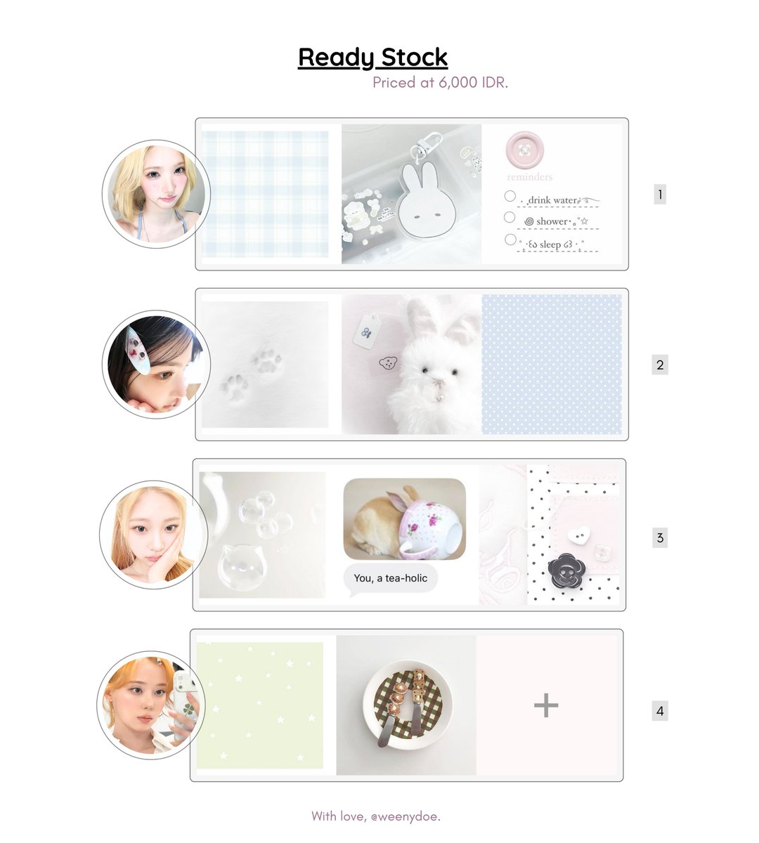 ioveths's tweet photo. help repost, please? thankies! ☆

hi-o, hi! :3 aku punya layout ready stock / rs jiwoo, stella, dan winter 🎼🍀 

🧺 priced at 6,000/each
💌 take them through dm or https://t.co/JeATsvmgDV

#bealanja https://t.co/5iUKMcN4IQ
