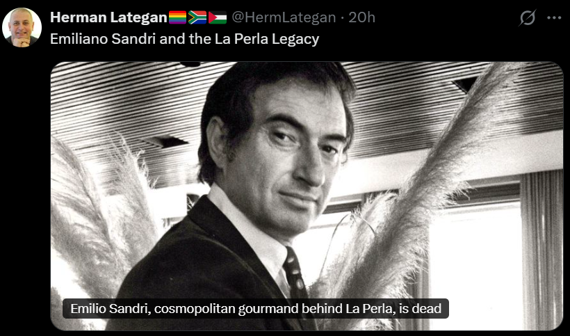 ReprobateCoZa's tweet photo. Sandri was an Italian peasant who came to South Africa on the invitation of the apartheid regime. His wealth was in large part due to close links with that era's powerbrokers.

The obsequious hypocrisy of performative social justice warriors like Lategan is nauseating. https://t.co/9cRA24alPz