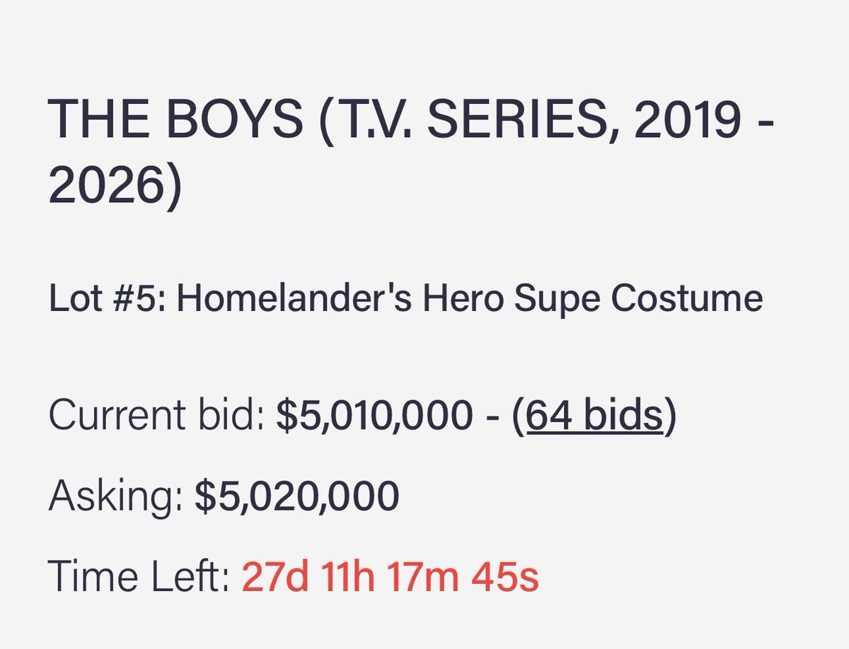 TheBoysOOCC's tweet photo. Homelanders suit is now being priced at $5,000,000 in less than just 24 hours of the Auction went live. #TheBoys https://t.co/RRNQta4KW5